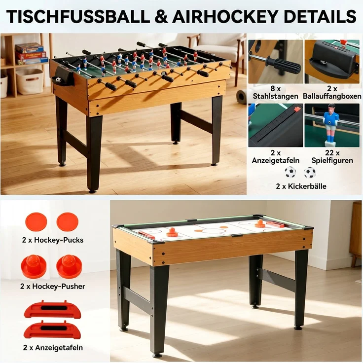 HOMCOM Multigame Spieltisch, MDF, Stahl, Naturholz+Schwarz, 107L x 61B x 84,5H cm – Bild 6