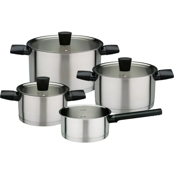 GSW Topf-Set Novero, Edelstahl 18/8 (Set, 7-tlg, je 1 Kochtopf Ø 16/20/24 cm, 1x Stielkasserolle Ø 16 cm), praktischen Literskala, Induktion