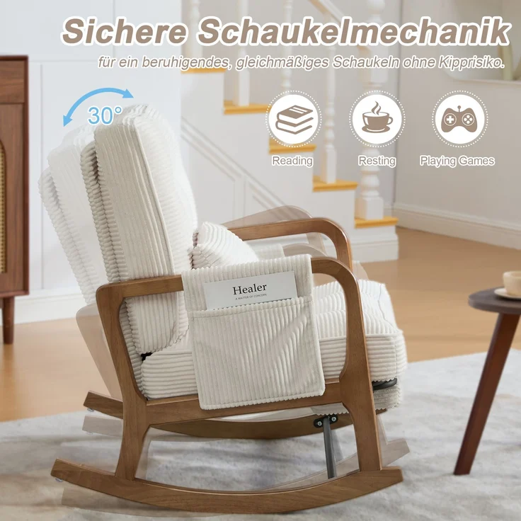 LVHOM Schaukelstuhl mit ausziehbarer Fußstütze, Relaxsessel mit verstellbare Rückenlehne, Loungesessel mit Seitentasche, bis 150 kg belastbar, Beige – Bild 8