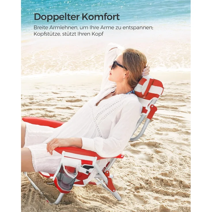 SONGMICS Strandstuhl, faltbar mit Schultergurt, verstellbarer Rückenlehne & Kopfstütze, Rot / Weiß – Bild 5