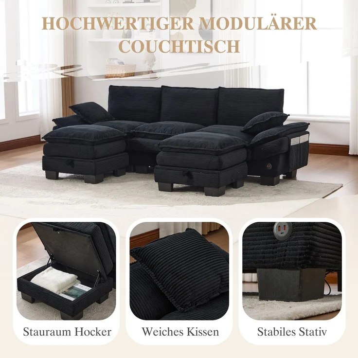 EINHOM Modulares 3-Sitzer Cordsofa (mit 2Hocker) – breite Sitzfläche, ergonomisches Design, hochdichte Schaumstoffpolsterung, USB-C-Anschluss und Seitentaschen. Ideal für Wohnzimmer, Büro oder Lounge. Schwarz – Bild 7