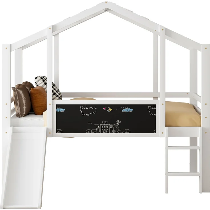 Kinder-Loftbett 90x200 cm mit Rutsche, Hausstil, Leiter & Blackboard,Massivholz Spielbett,Weiß – Bild 7