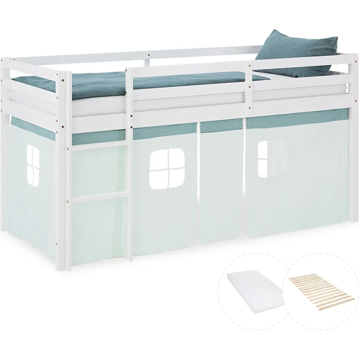 Hochbett Kinder 90x200 cm mit Matratze Kinderbett Kinderhochbett Stockbett Vorhang Grün Mintgrün Holz Massiv Lattenrost – Bild 1