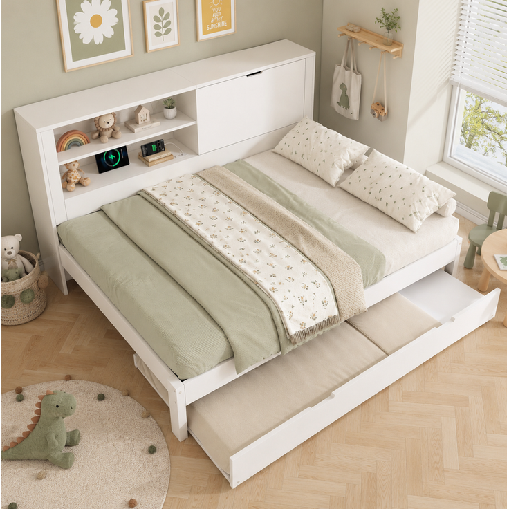 CHICFURN Bett aus Holz Weiß 140x190 cm mit Ausziehbett und USB- und Type-C-Anschlüssen