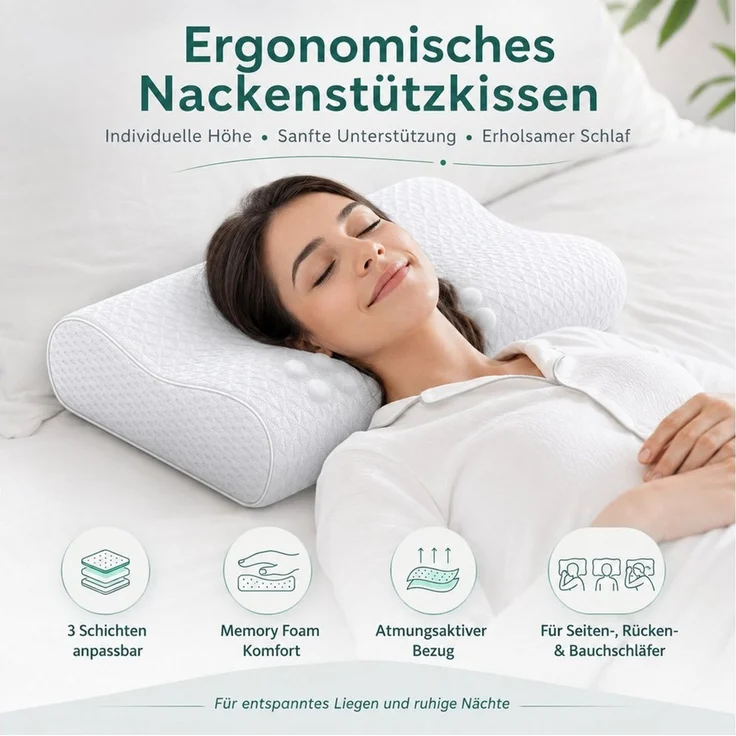 Diyarts Gelschaumkopfkissen, Füllung: Memory Foam, Seiten-, Rücken- & Bauchschläfer, 3-Schichten-System, Nackenkissen, Visco-Kissen, 3-fach höhenverstellbar, Ergonomische Nackenstütze, Massagezonen – Bild 3