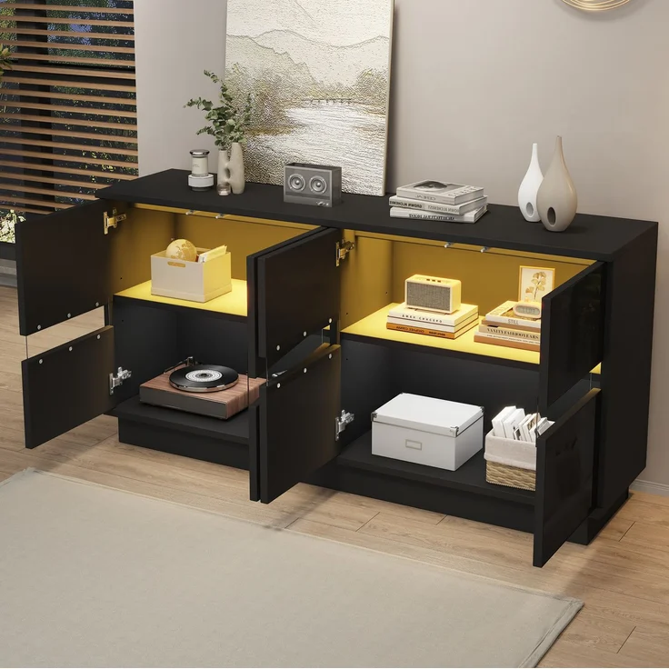 Sideboard 140 x 35 x 70 cm in Schwarz mit 4 Türen, verstellbaren Einlegeböden und LED-Beleuchtung – Bild 3