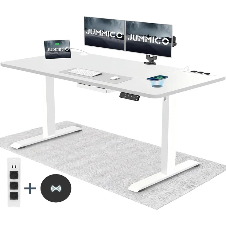 JUMMICO Höhenverstellbarer Schreibtisch mit Kabelloser Ladestation und Euro-Steckdose mit USB, Schreibtisch Höhenverstellbar Elektrisch Stehtisch, Standing Desk (Weiß 160x80 cm)