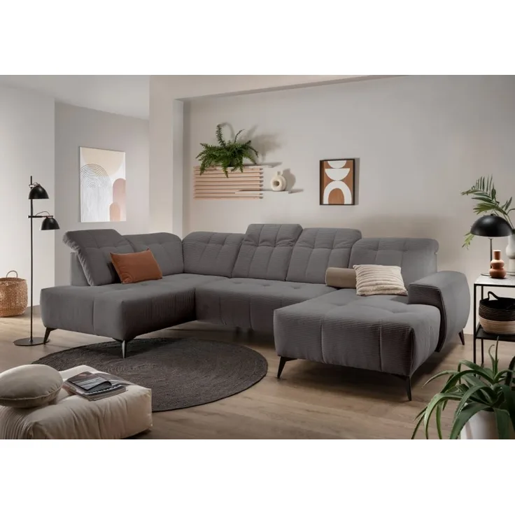 Cord Wohnlandschaft mit Elektrofunktion in Grau: Sano