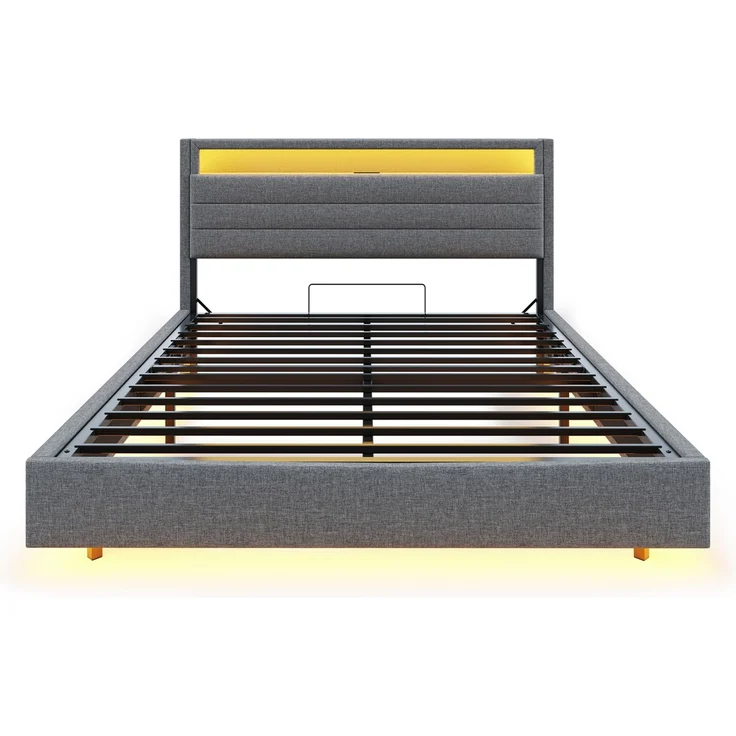 Polsterbett 140x200 cm mit LED-Licht, USB-Anschluss, hydraulischem Stauraum, drehbarem Kopfteil, Leinenstoff – Bild 10