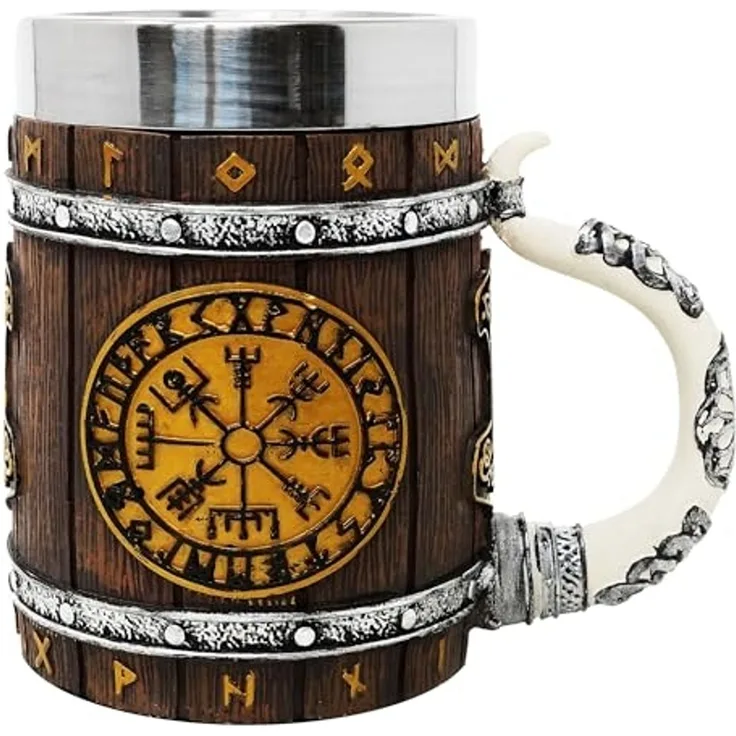 MystiCalls Bierkrug XL Wikingerkrug Nordischer Kompass 0,5l Fassungsvolumen, 1-tlg, Polyresin, Herausnehmbarer Metalleinsatz