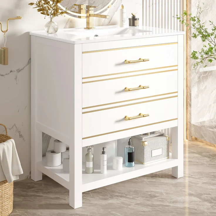 Waschtisch-Unterschrank 76 cm Weißgold mit Keramikbecken 2 Schubladen gold handhaben – Bild 5