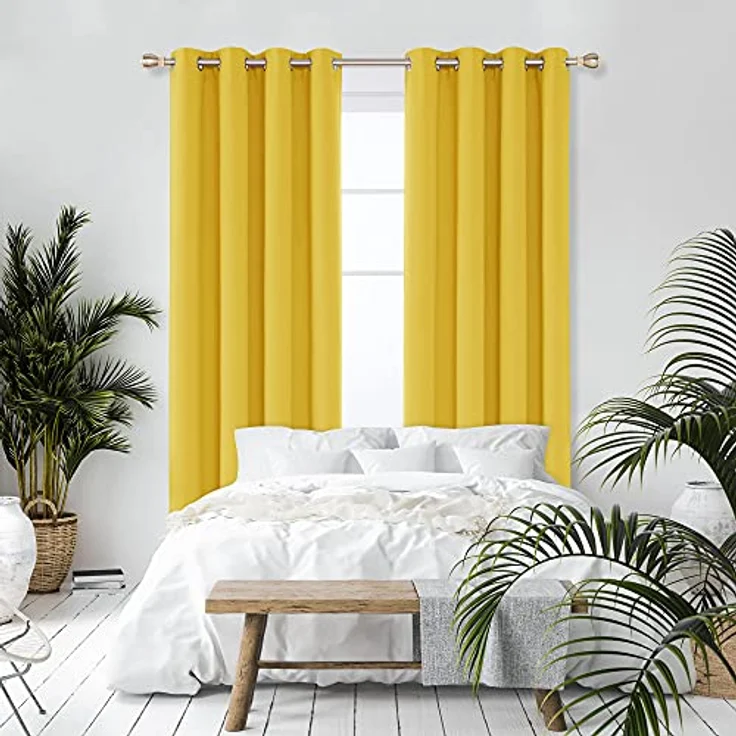 Deconovo Blickdichte Gardinen Kälteschutzvorhang Lichtundurchlässige Vorhänge Wohnzimmer, 183x132 cm(HöhexBreite), Senfgelb, 2er Set – Bild 5