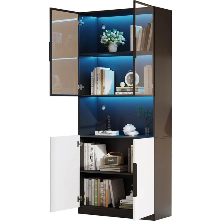 MODFU Vitrine weiße Türen mit schwarzer Dekoration (Bücherregal für Sammlerstücke, 1-St, 4 Türen(2 Glastüren) mit Glastüren,LED-Leuchten,einstellbare Farbtemperatur und Helligkeit