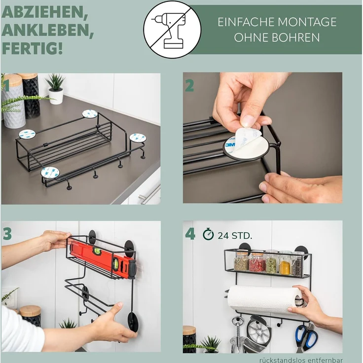 bremermann Küchenregal Küchen-Organizer Ablage, Haken und Rollenhalter, Kleben oder Bohren – Bild 4