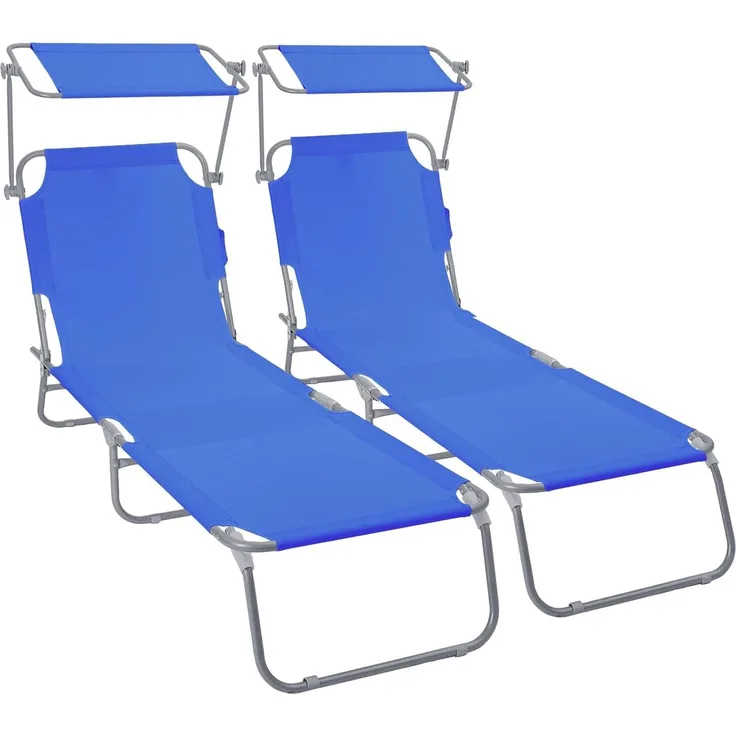 VOUNOT® 2er Set Sonnenliege Klappbar, Gartenliege mit Dach und 4-Fach Verstellbarer Rückenlehne, Leichte Strandliege für Garten, Terrasse, Camping, Pool & Strand, Blau