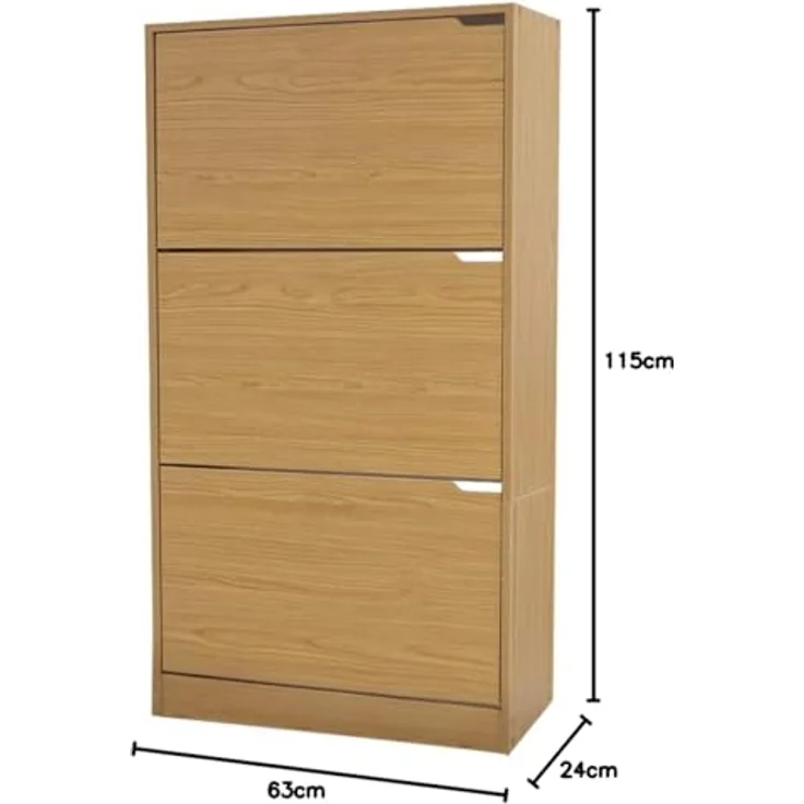 BAKAJI Schuhschrank aus MDF-Holz mit 3 Türen, Schuhregal, versenkbare Griffe, doppelte Tiefe, kompakte Größe, 63 x 24 x 115 cm, platzsparend, Eingangsbereich zu Hause (Eiche) – Bild 4