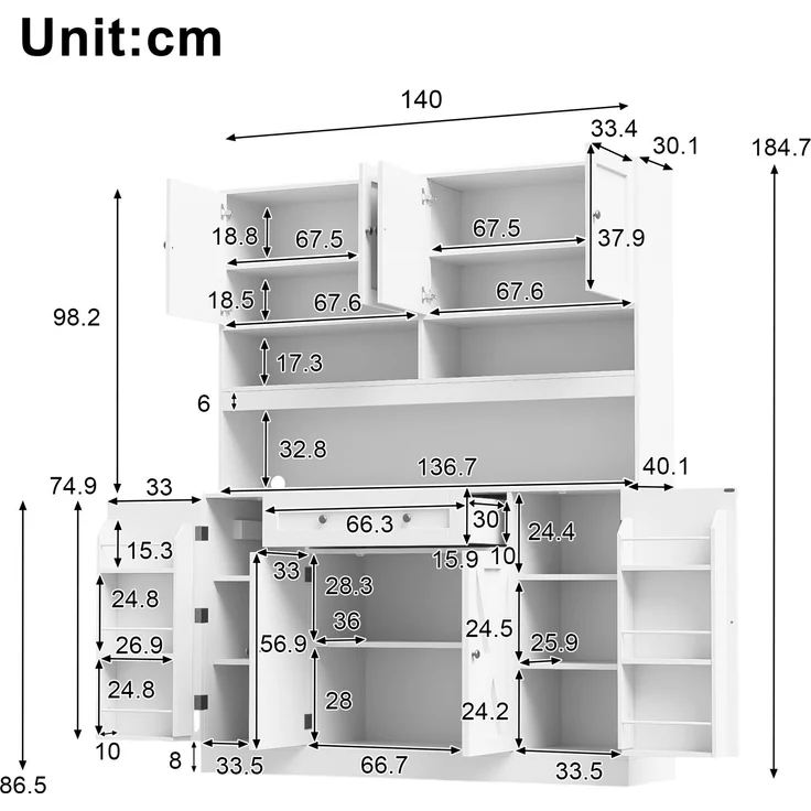 Küchenbuffet 140x40x185 cm, cremeweiß, mit Arbeitsplatte, Stromanschluss und verstellbaren Böden – Bild 5