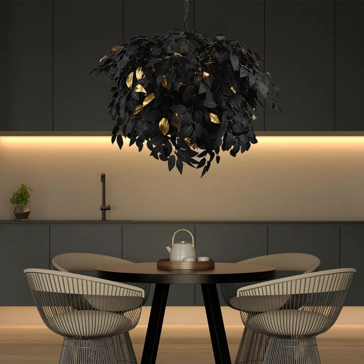Pendelleuchte, 4-Flammig, Blätter, schwarz-gold, D 70 cm – Bild 7