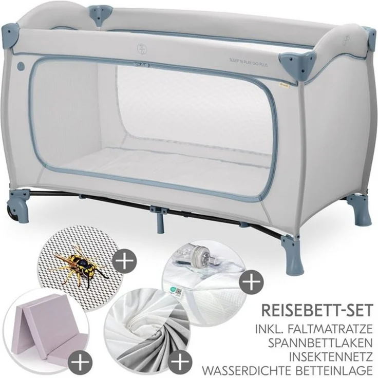 Hauck Baby-Reisebett Sleep N Play Go Plus XXL Set - Dusty Blue, Kinder Reisebett mit Matratze, Spannbettlaken & Insektenschutz faltbar – Bild 4