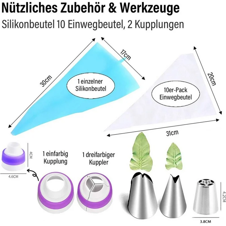 MOPUEA Spritzbeutel Russische Spritztüllen und 1 Profi-Spritzbeutel 20cm Backzubehör (Deko-Set mit Edelstahl-Garniertüllen waschbar, Wiederverwendbar, 27-tlg, 14 Spritztüllen (2 klein, 12 mittel) 11 Beutel (1 Silikon, 10 Einweg) 2 kopplers für Blumen u... – Bild 2