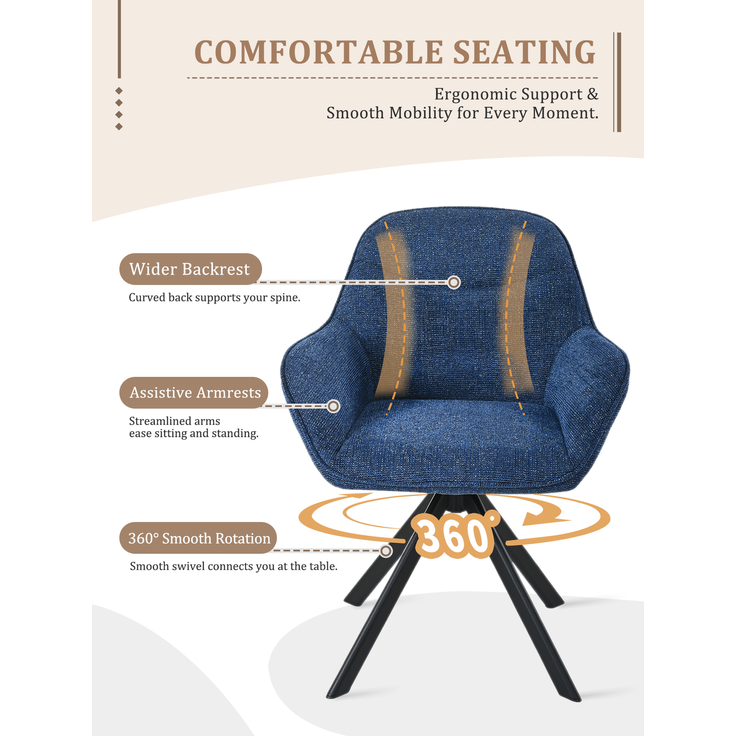 GOEURVANT 1370 Esszimmerstühle 2er-Set mit Armlehnen, 360° Drehbar, Chenille - Blau – Bild 7