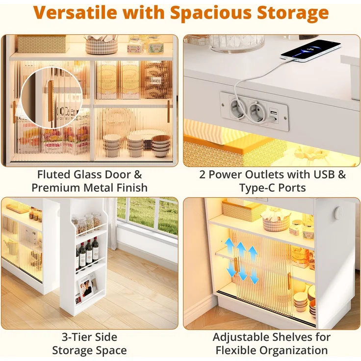 ZUBALIYA Küchenschrank mit Glastüren / Barschrank & Sideboard, mit ausziehbarer Bartisch & Stehtisch mit Stauraum und steckdose, Weiß, 131–170 x 40 x 170 cm, fürs Büro, mit LED, Samt – Bild 9