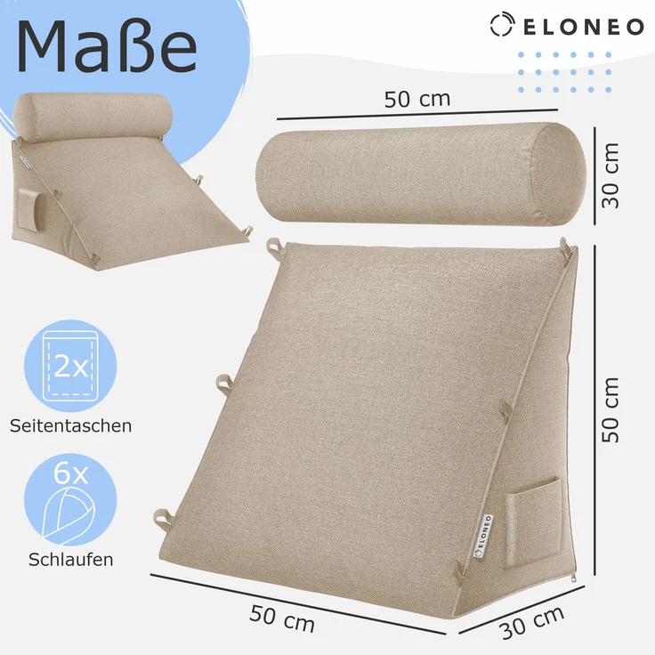 aktivshop Rückenkissen mit Nackenrolle für Bett & Sofa, 55x50x30cm, waschbarer Bezug – Bild 2
