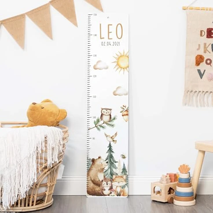 Kidsmood - Personalisierte Messlatte Kinder Aluverbund – Hochwertige Messleiste & Wand-Deko für Kinderzimmer mit liebevollem Fröhliche Waldtiere – Tolles Geschenk zur Geburt- (65-140cm) – Bild 8
