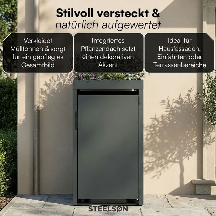 STEELSØN 'Thoria' Mülltonnenbox 1er je 120 Liter, anthrazit, Mülltonnenverkleidung aus Stahl, wetterfest, 111x62x60,5 cm, Müllbox mit Pflanzendach für 1 Tonne – Bild 7