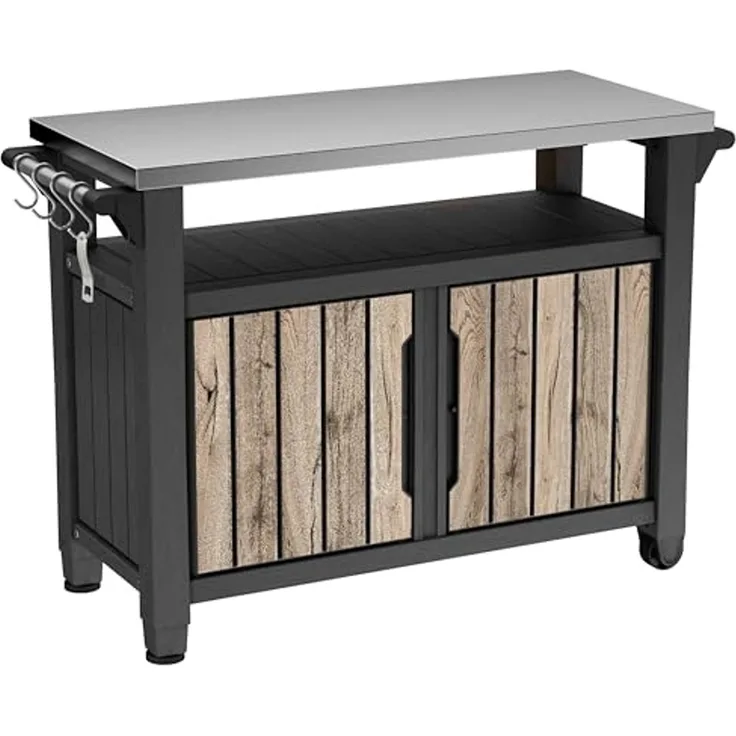 Keter Grillablagetisch UNITY XL in Holzoptik Pinie, aus Kunststoff mit Edelstahlplatte (mit Küchenrollenhalterung, Aufhängungen), abschließbar, UV- und witterungsbeständig