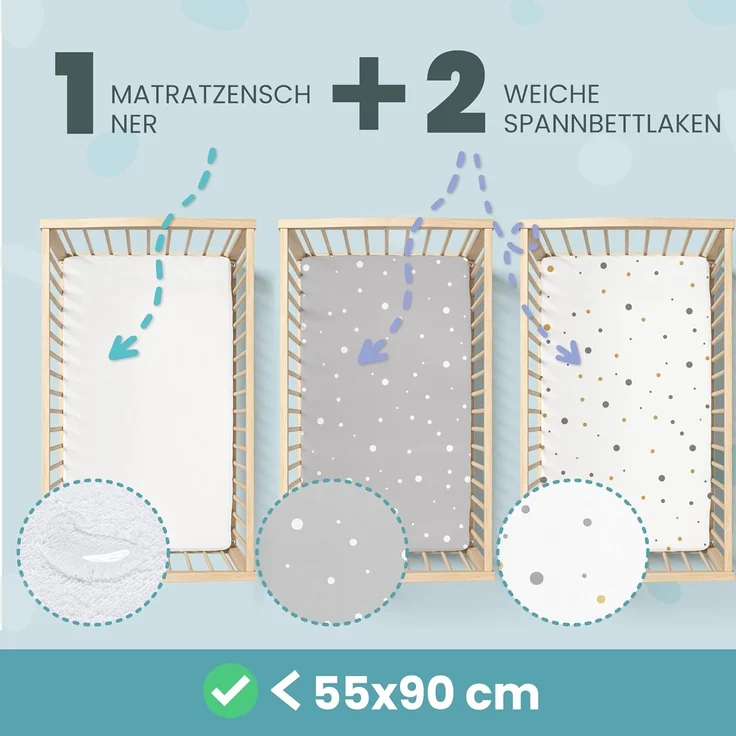 2X Spannbettlaken aus 100% Baumwolle mit Gummiband - 1X Matratzenschoner aus 100% wasserdichtem Material - 3er-Set - 55x90 cm - Grau – Bild 2