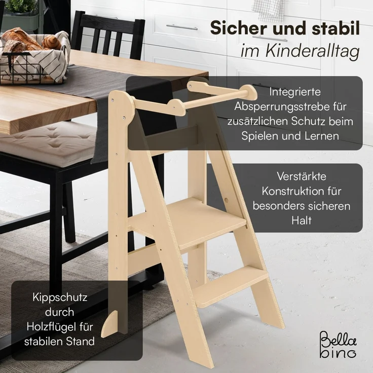 Bellabino 'Tay' Lernturm für Kinder ab 1 Jahr, Tritt 2-fach höhenverstellbar, natur, Birke Sperrholz, klappbar, Tritthocker bis 50 kg belastbar – Bild 6