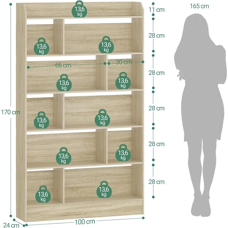 Bücherregal, Bücherschrank, mit 6 Fächern, Aufbewahrungsregal, Standregal, für Wohnzimmer, Büro, Schlafzimmer, 24 x 100 x 170 cm, Eichenbeige – Bild 8