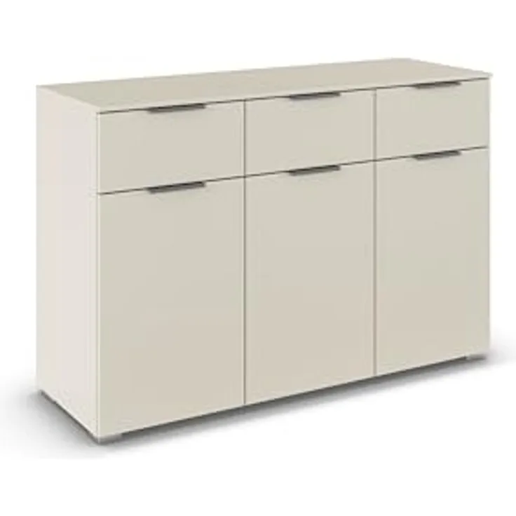 Rauch Möbel Alabama, Kommode für Schlafzimmer, Kinderzimmer, Garderobe, Flur, 3-türig, mit 3 Schubladen, Soft-Close-Funktion, Farbe Beige, Griff Grau metallic, Schwarz, Maße 120 x 81 x 42 cm