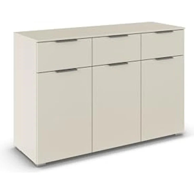 Rauch Möbel Alabama, Kommode für Schlafzimmer, Kinderzimmer, Garderobe, Flur, 3-türig, mit 3 Schubladen, Soft-Close-Funktion, Farbe Beige, Griff Grau metallic, Schwarz, Maße 120 x 81 x 42 cm – Bild 1