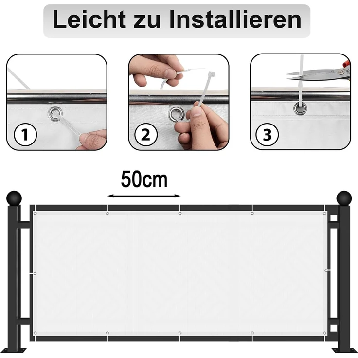AXT SHADE Balkon Sichtschutz Wetterfest 100x300 cm Balkonverkleidung Balkonabdeckung Balkonbespannung Blickdichte Windschutz und UV-Schutz mit Kabelbinder für Balkongeländer-Weiß – Bild 6