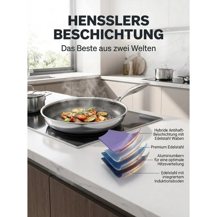 HENSSLERS Servierpfanne Premium, Pfanne Glasdeckel, inkl. Abgießhilfe & Grillzange - 4tlg, Edelstahl 18/10 (Set, 4-tlg) – Bild 2