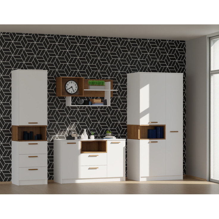 Marmex Möbel Grant Set-C Jugendzimmer Komplett-Set 4-teilig mit Kleiderschrank, Kommode, Wandregal, geschlossenes Regal, Kinderzimmermöbel, laminierte Spanplatte, weiß+riviera Eiche, 262,5x195x55 cm – Bild 6