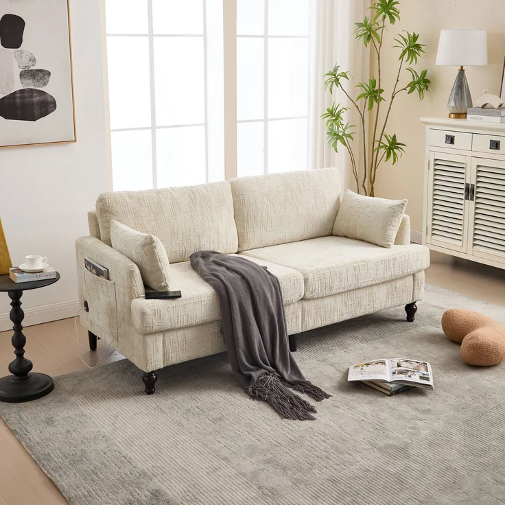 2-sitziges Chenille-Sofa mit USB-Ladeanschluss, LED-Licht und Aufbewahrungstasche in Beige – Bild 1