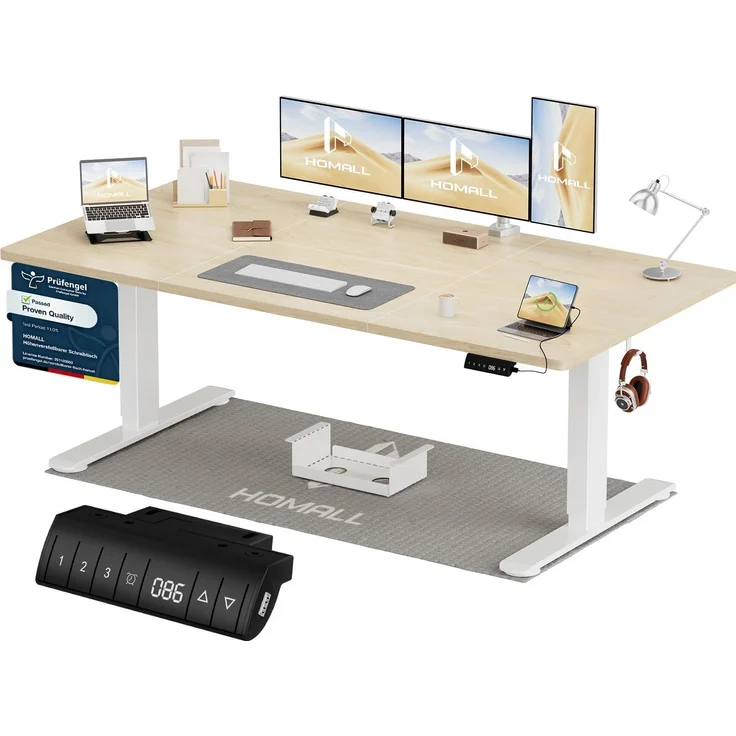 Homall Höhenverstellbarer Schreibtisch 180x80 cm mit USB-A Ladeanschluss, Elektrischer Schreibtisch mit Kabel Management Tray, Standing Desk mit 3 Memory Funktion, Computertisch Beige