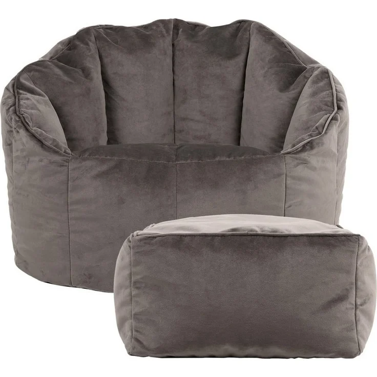 Icon Sirena Sitzsack Sessel mit Hocker für Erwachsene, Dunkelgrau, Flauschiger Samtstoff, Riesen Sitzsack Samt mit Füllung, Bean Bag Chair, Bequemer Sessel Wohnzimmer, Lounge, Schlafzimmer, Büro – Bild 3