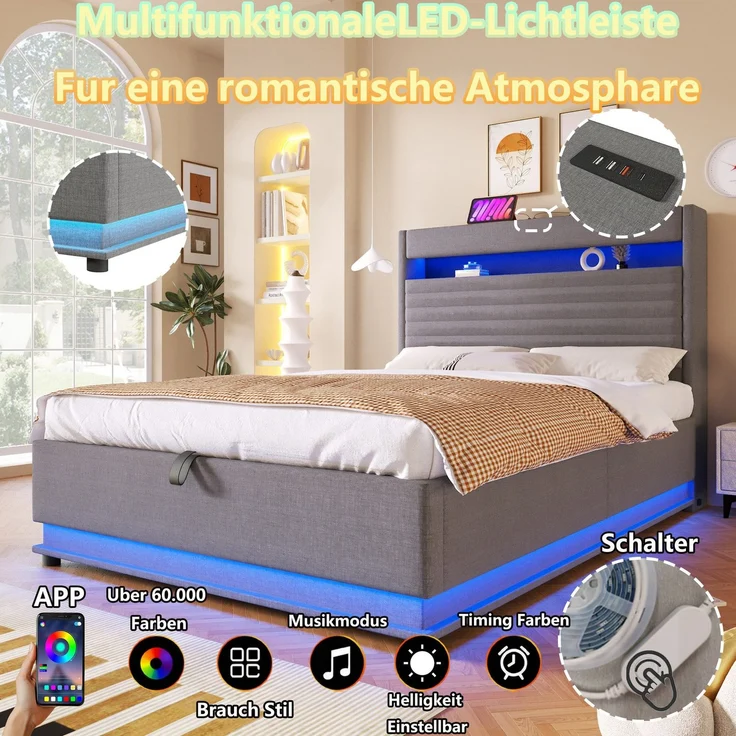 Polsterbett mit LED-Streifen, Stauraum, Schrank, USB und Type-C, 90x200 cm, gepolsterter Kopfteil mit Schrank, Einzelbett, Stauraumbett, Leinen – Bild 4