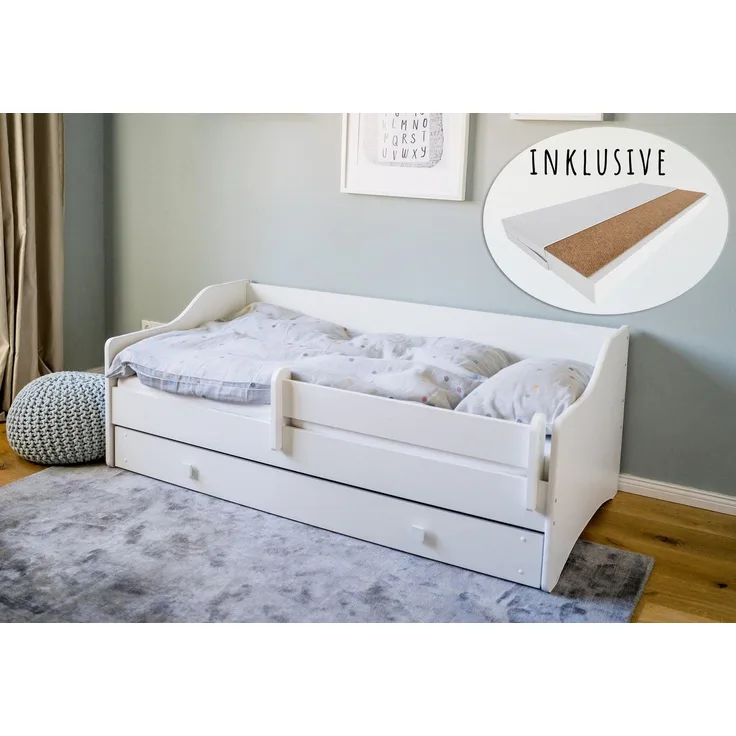 Kids Collective Kinderbett Jugendbett 80x160 80x180 cm mit Matratze, Schublade & Rausfallschutz, 180 x 80 cm, mit punktelastischer Matratze mit Kokos-Naturfaser