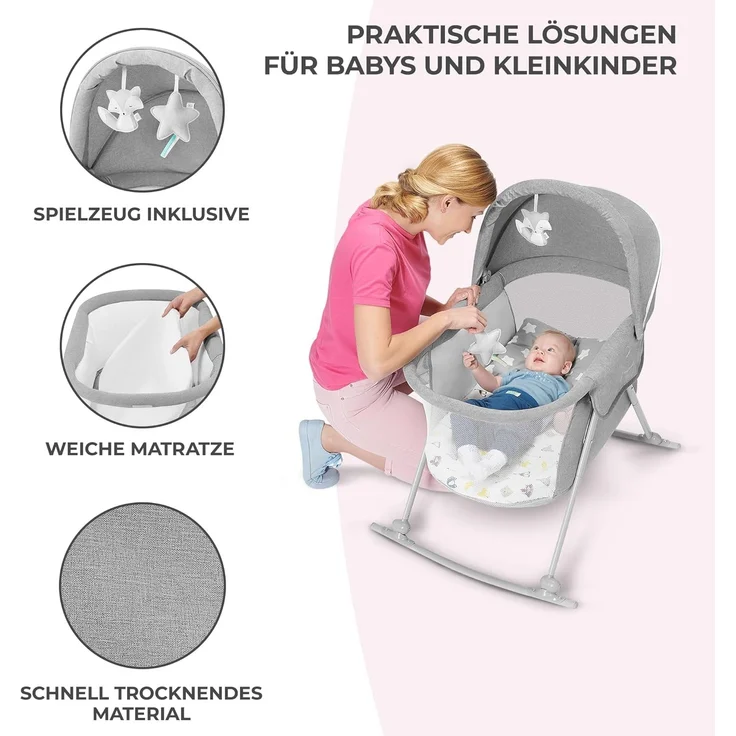 Kinderkraft Kinderbett 3 in 1 LOVI, Kinderreisebett, Stubenwagen, Babywiege, Baby Wippe, Zusammenklappbar, Einfach Transport, mit Zubehör, Tasche, Moskitonetz,von Geburt bis 9 kg, Grau – Bild 8