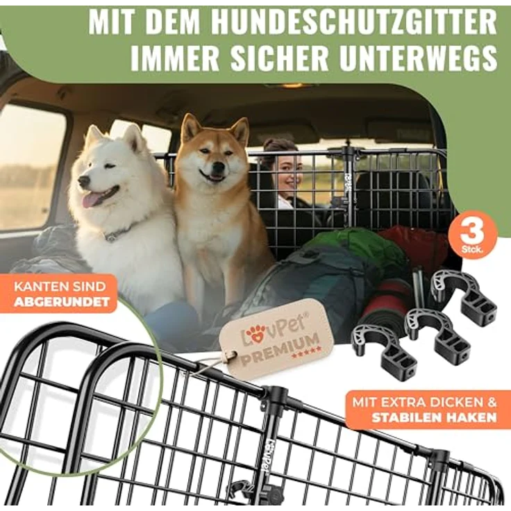 LovPet® Hundegitter Auto, Autoschutzgitter Trenngitter Universal, verstellbare Breite, Kopfstütze Kofferraum Autogitter Maße HxB 30 x 91-153 cm Kofferraumgitter,+ 2x Sicherheitsgurt für Hunde Schwarz – Bild 7