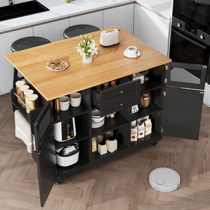 Ess- und Servierwagen 140×70 cm Schwarz, ausziehbar, klappbare Seitenwände, 360° Drehfunktion, Metallgriffe, geräumige Schublade, 93.5cmx140cmx40-70cm – Bild 2