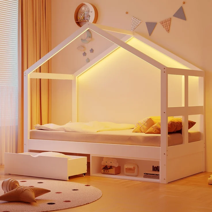 Merax Einzelbett, Jugendbett, Holzbett 90×190 cm, mit Schubladen und kleinem Schuhschrank, mit mehrfarbiger LED-Beleuchtung, Lattenrost, Weiß – Bild 3