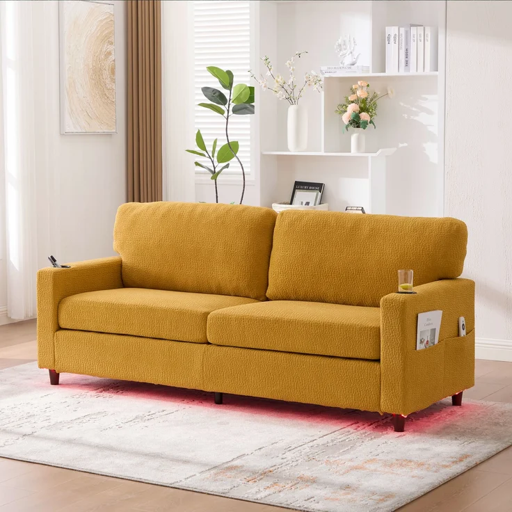 Zweisitzer Chenille-Sofa 203x77,5x86 cm – USB-C, LED-Ambiente und Getränkehalter in Senfgelb – Bild 1