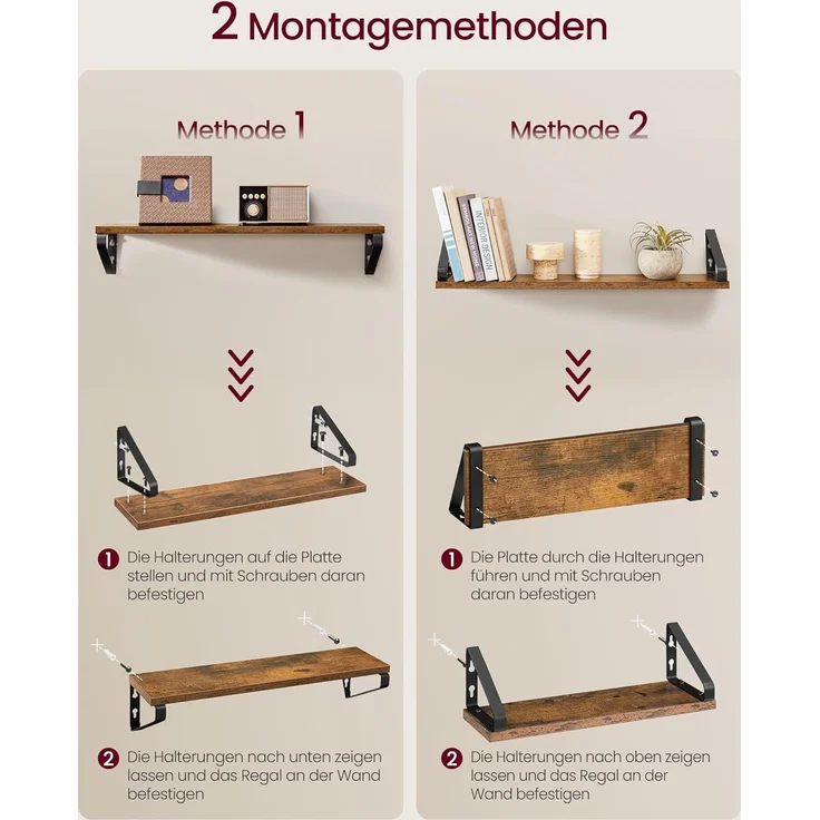 VASAGLE Wandregal, Schweberegal, 3er Set, Regalbrett, 2 Montagemöglichkeiten, 40/50/60 cm, für Wohnzimmer, Küche, Arbeitszimmer, Badezimmer, vintagebraun-Mattschwarz LWS043K01 – Bild 6