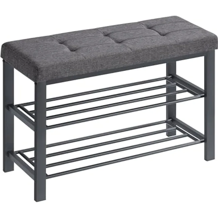 SONGMICS Schuhbank, Schuhregal mit 3 Ebenen, Schuhaufbewahrung, Sitz mit Schaumstoffpolsterung, Leinen, Metallrahmen, für Wohnzimmer Eingangsbereich, 31 x 81 x 49 cm, dunkelgrau-schwarz LBS057B01